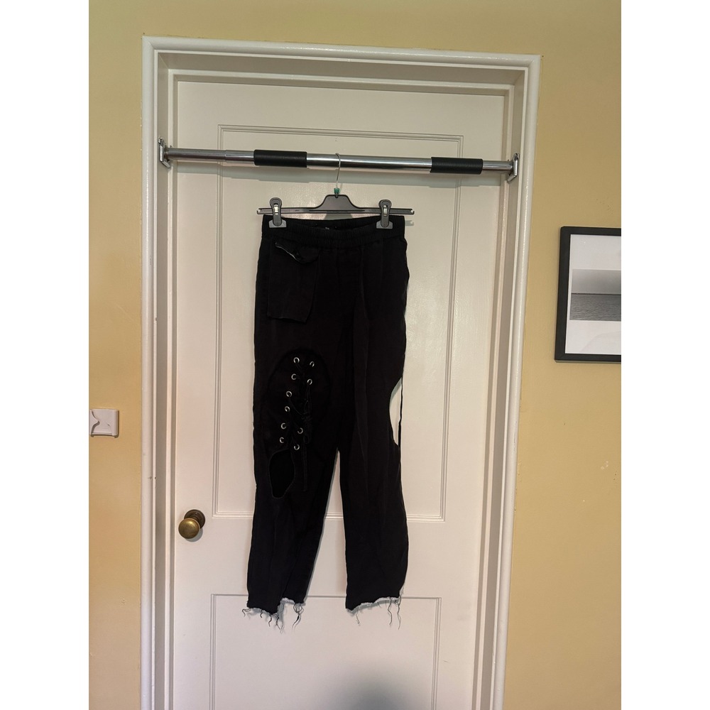 Korean Designer Black Distressed Lace-Up Joggers Cutout Accents Trendy Pants